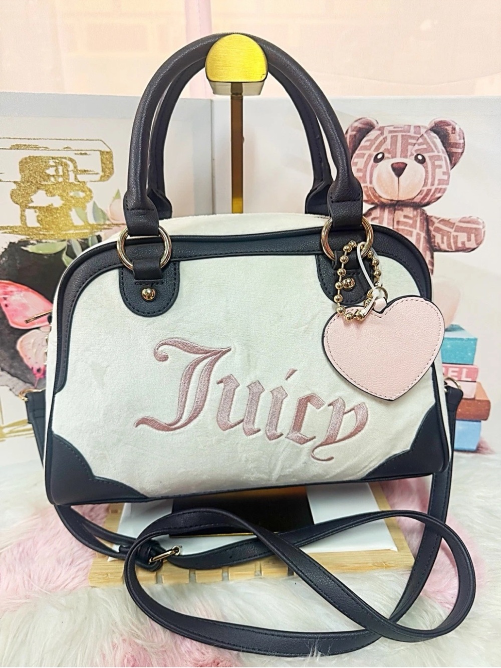 Juicy Couture Cream and Pink Logo Satchel with Black Trim